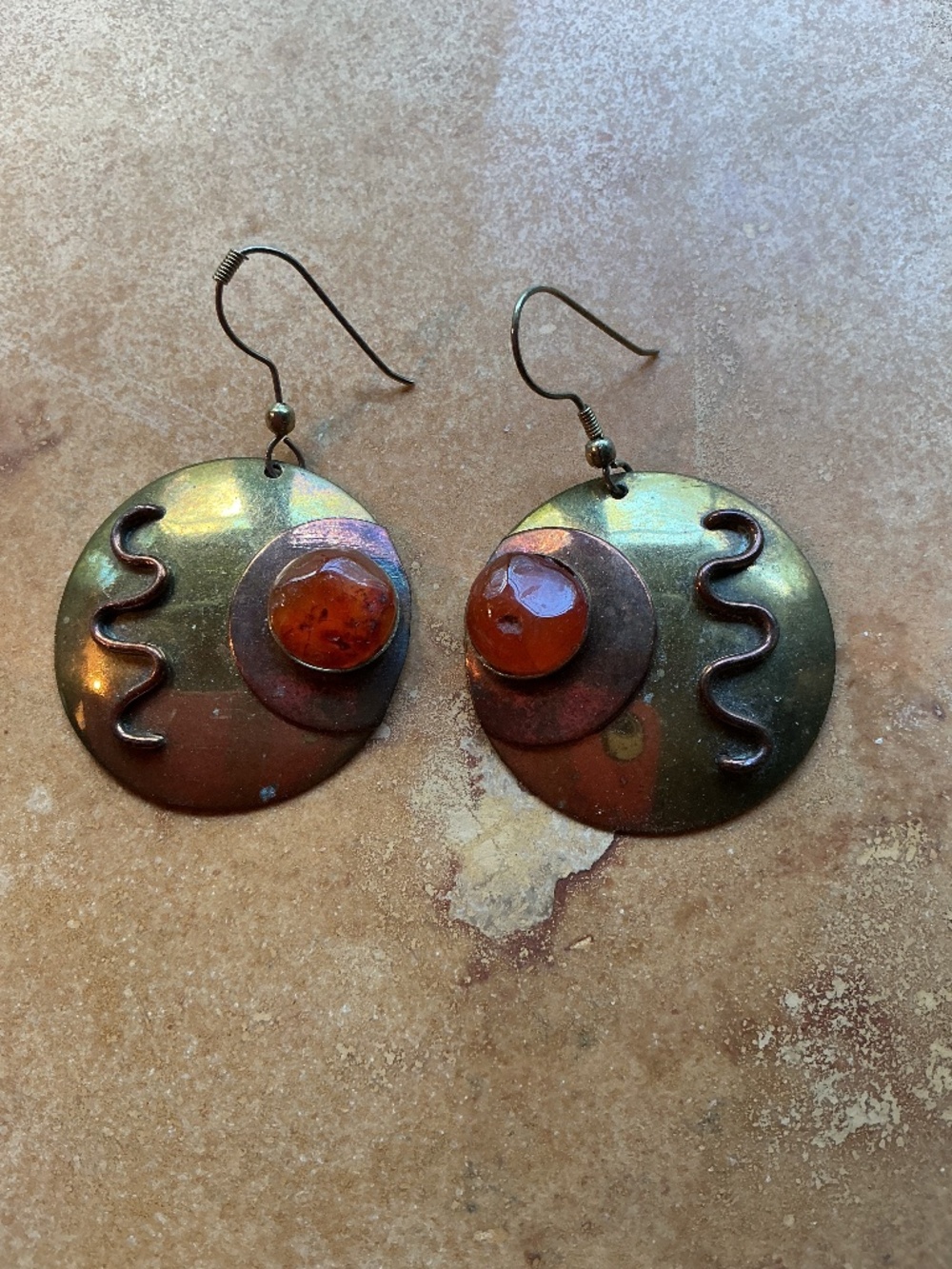 Brutalist  modernist retro mixed metal earrings with stone